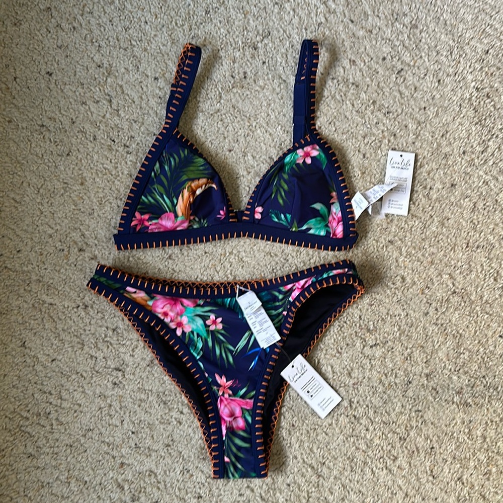 Cupshe Navy With Floral 2pc Bikini Swimsuit-Size small NWT